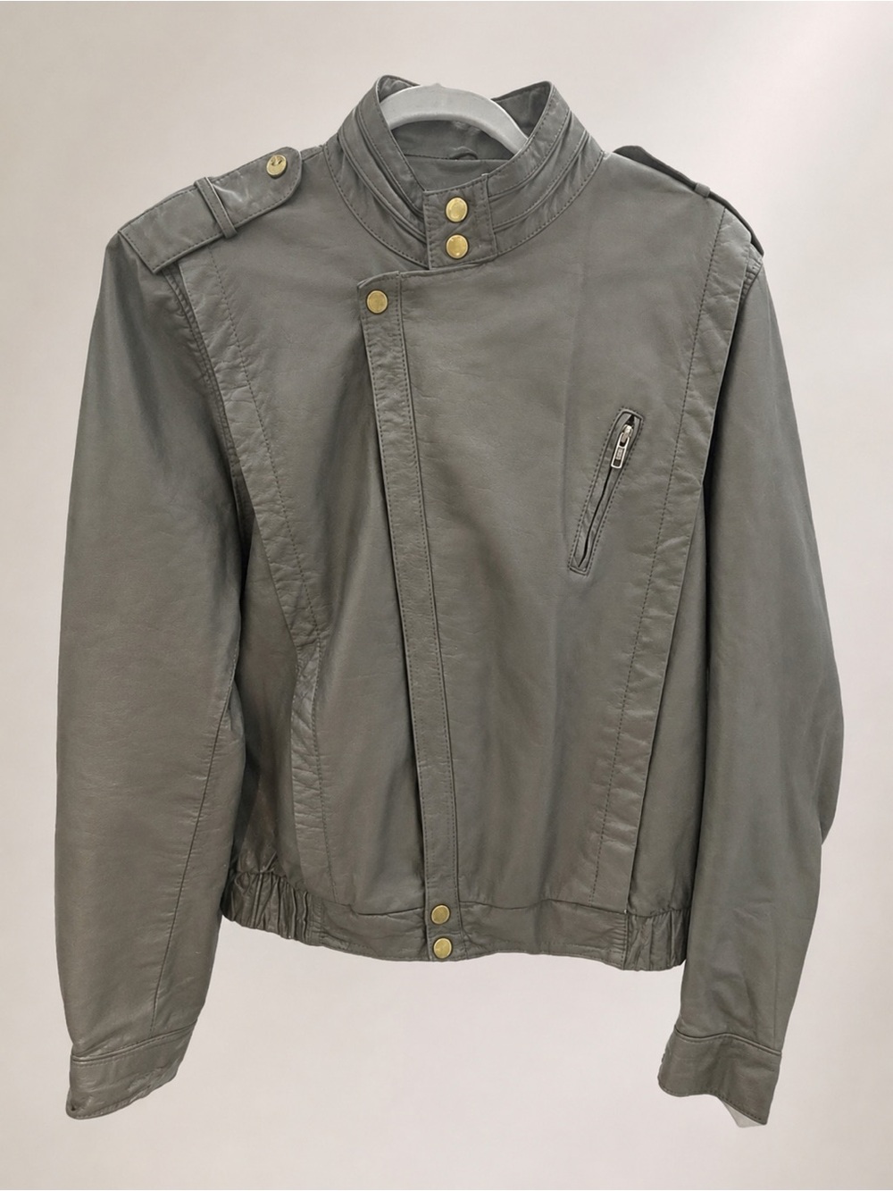 Vintage 80s Gray Leather Moto Bomber Jacket Men’s 44 • Brass YKK Hardware